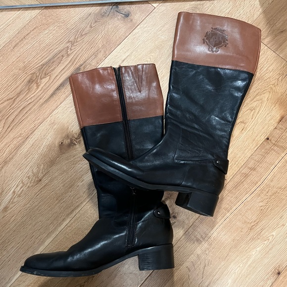 Etienne Aigner Costa Riding Boots, Black and Banana Bread Brown, Size 9.5 - Picture 3 of 9